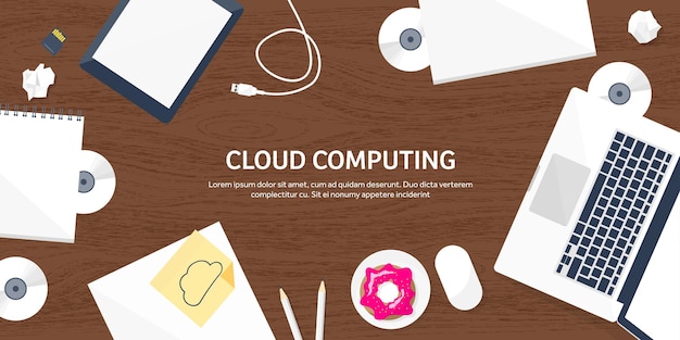 Vektorillustration-Arbeitsplatztisch mit Dokumenten, Computer-Flach-Cloud-Computing-Hintergrundmedien