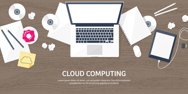 Vektorillustration-Arbeitsplatztisch mit Dokumenten, Computer-Flach-Cloud-Computing-Hintergrundmedien