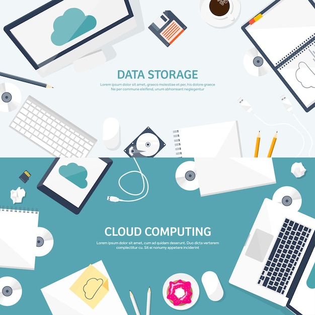 Vektorillustration-Arbeitsplatztisch mit Dokumenten, Computer-Flach-Cloud-Computing-Hintergrundmedien