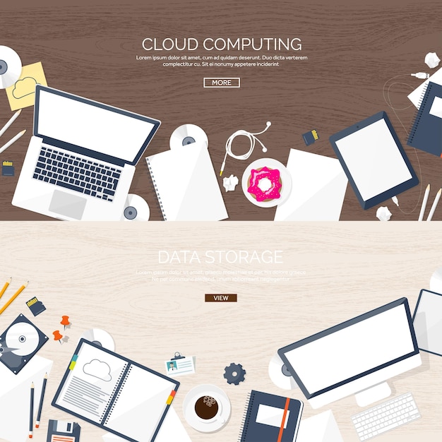 Vektorillustration-Arbeitsplatztisch mit Dokumenten, Computer-Flach-Cloud-Computing-Hintergrundmedien