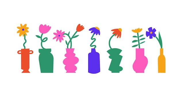 Vektorillustration bunte blumen mit vasen naivestyle-aufkleber für druck oder soziale medien