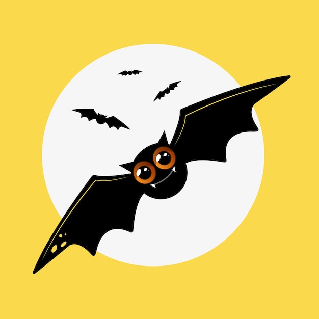 Vektor vektorillustration der halloween-nachtszene. eine niedliche fledermaus fliegt unter dem vollmond. spruchband, plakat.