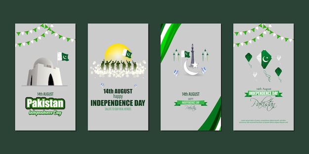 Vektorillustration der Happy Pakistan Independence Day Social-Media-Story-Feed-Set-Mockup-Vorlage