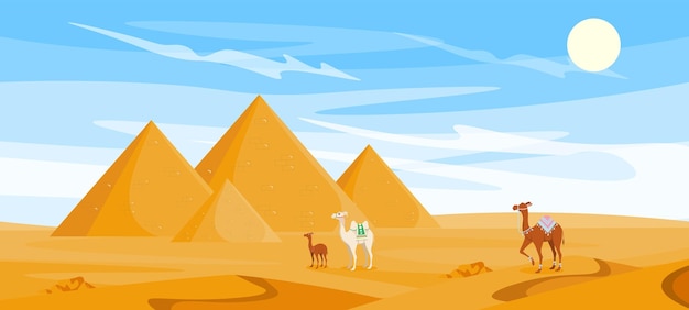 Vektorillustration der heißen wüste cartoon-sandlandschaft mit alten pyramiden, kamelen in der wüste unter der heißen sonne
