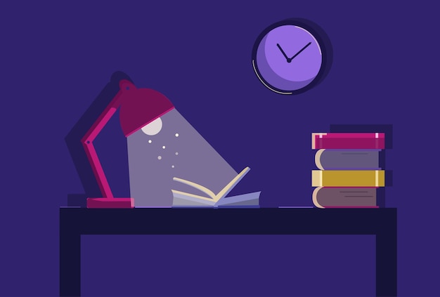 Vektorillustration der Prüfungsvorbereitung am Nachttischlampen-Bücherschreibtisch