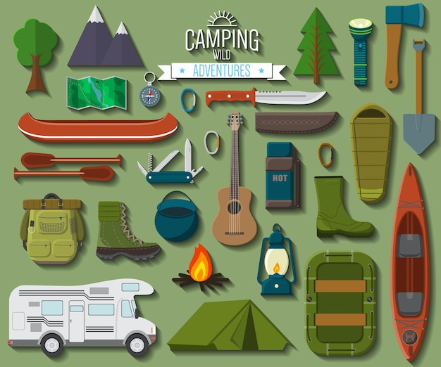 Vektorillustration der sammlung von camping- und wanderausrüstung