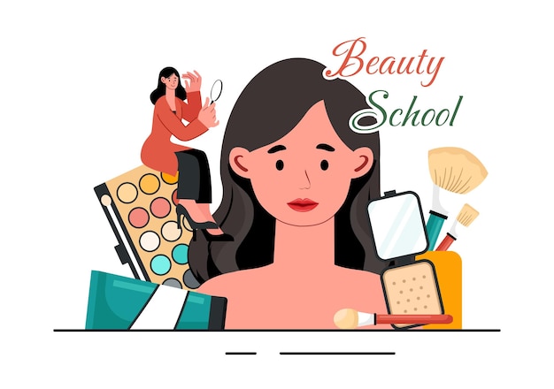 Vektorillustration der Schönheits- und Make-up-Schule mit verschiedenen Kosmetikprodukten und schönen Mädchen, die im Hintergrund lernen, sich zu schminken
