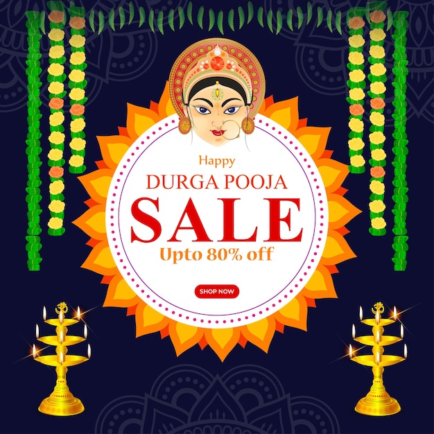 Vektorillustration der Social-Media-Feed-Vorlage „Happy Durga Puja Sale“.