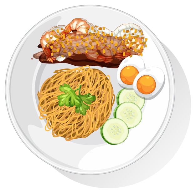 Vektorillustration der thailändischen Küche mit Nudeln und Garnelen