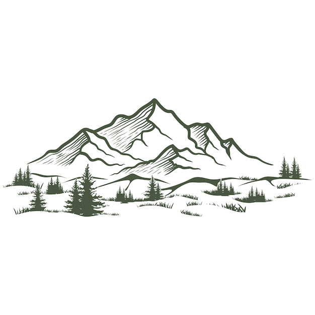 Vektorillustration des bergdesigns, handgezeichnete kiefer und bergdesign