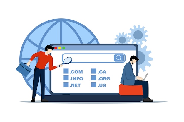 Vektorillustration des Domain-Registrierungs-Webseitenkonzepts mit kleinen Zeichen