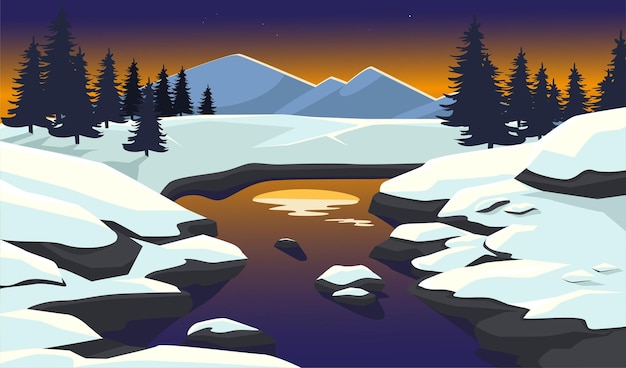 Vektor vektorillustration des dunklen winterhimmels mit sonnenuntergang oder sonnenaufgang über dem fluss