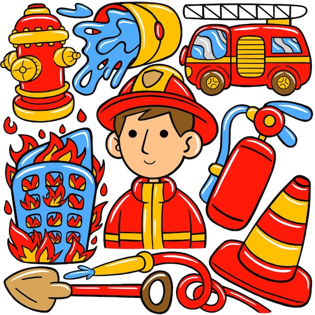 Vektorillustration des Feuerwehrmanns Kawaii Doodle
