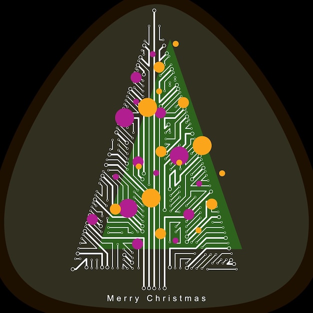 Vektor vektorillustration des futuristischen immergrünen weihnachtsbaums, der technologie- und wissenschaftskonzeption. feiertage und feieridee. technologie- und naturbalance-konzept.