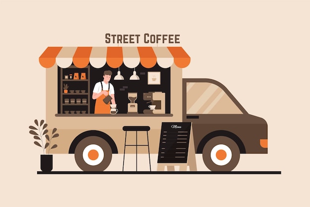 Vektorillustration des Kaffee-LKW-Cafés mit Barista