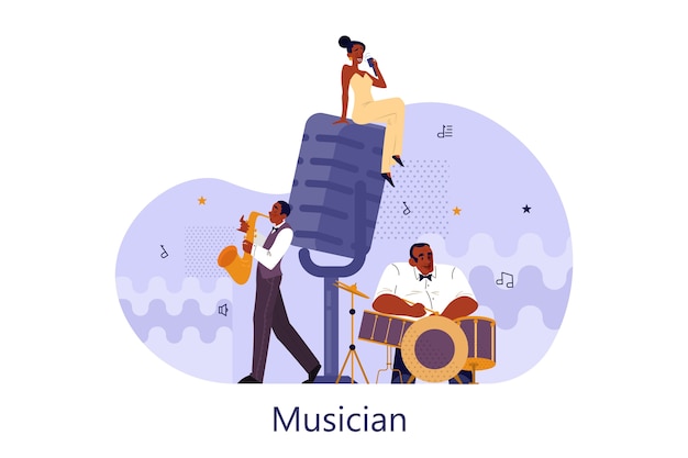 Vektorillustration des Musikers, der Musik spielt. Frau, die ein Mikrofon hält und singt. Männlicher Darsteller, der mit Saxophon und Schlagzeug steht und auftritt. Jazz Rock Musik Band Festival.