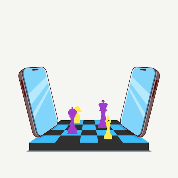 Vektorillustration des schach-online-spielwettbewerbs mit zwei smartphones isoliert auf weißem hintergrund Premium-Vektor