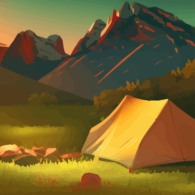 Vektorillustration des sommerlagers camping mit camping-hintergrund berge mit seeabend vintage