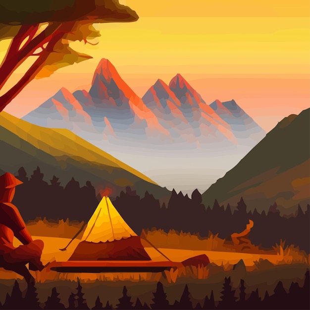 Vektor vektorillustration des sommerlagers camping mit camping-hintergrund berge mit seeabend vintage