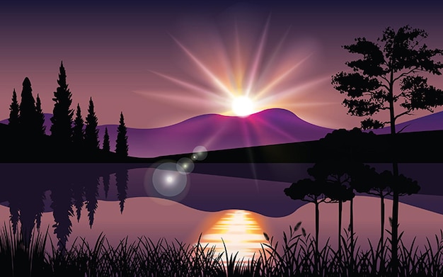 Vektorillustration des sonnenaufgangs über einem berg in der nähe des flussufers