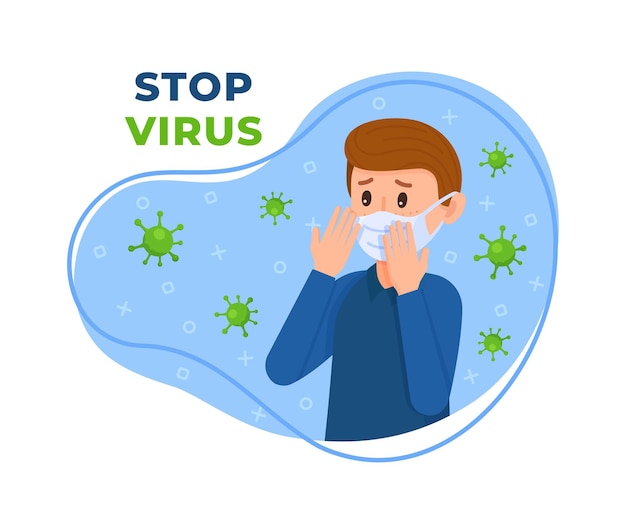 Vektorillustration des stoppvirus. konzept eines mannes mit coronavirus. die krankheit erobert die welt. impfung und schutz vor dem virus.