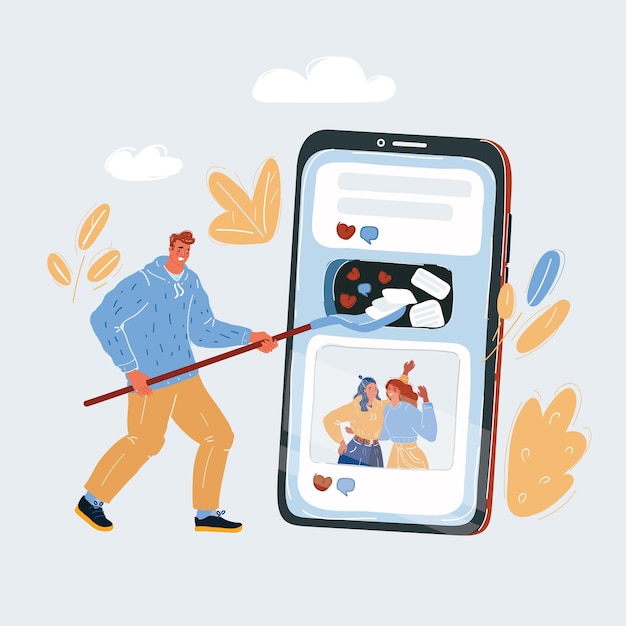 Vektorillustration des Vlogger- oder Blogger-Influencer-Konzepts Obsession Mann hochladen viele Inhalte online