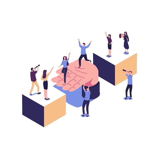 Vektorillustration, die darauf abzielt, die Motivation zu steigern, das Ziel zu erreichen. Teamarbeit hilft bei der Überwindung von Hindernissen in Form eines Unterstützungsvektors