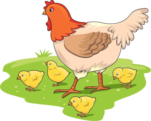 Vektorillustration, die Henne mit ihren schönen Küken zeigt