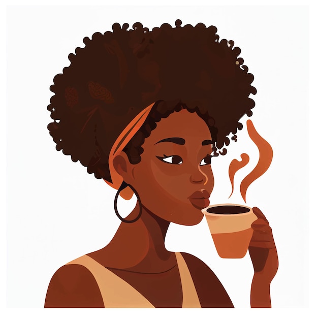 Vektorillustration einer afrikanischen Frau, die heißen Kaffee oder Tee isoliert trinkt