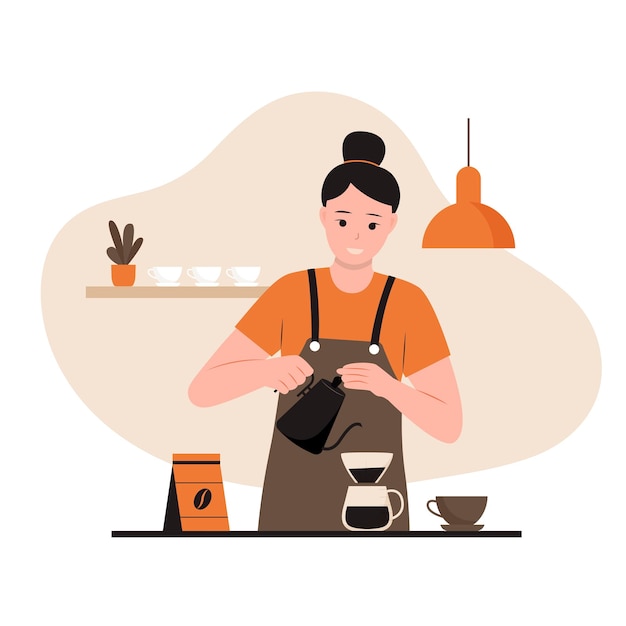Vektorillustration einer Barista-Frau, die Kaffee kocht