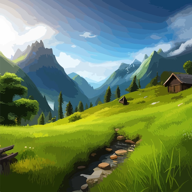 Vektorillustration einer Berglandschaft in den Alpen mit einem Holzhaus