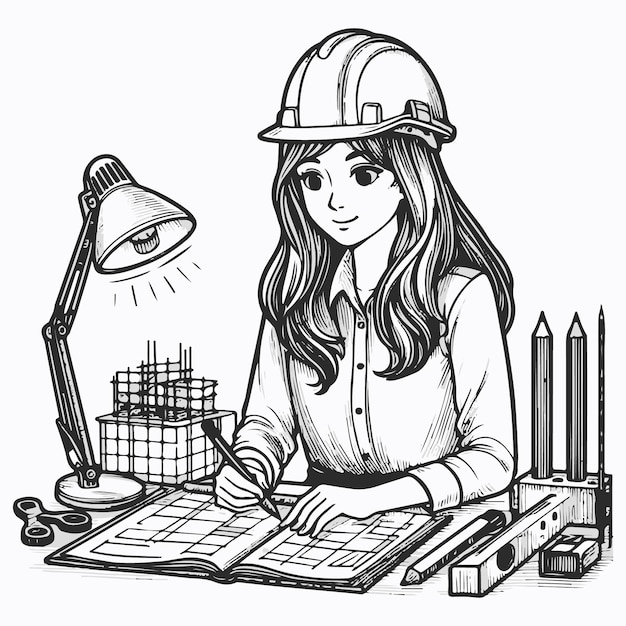 Vektor vektorillustration einer beschäftigten bauingenieurin, die im baugewerbe arbeitet