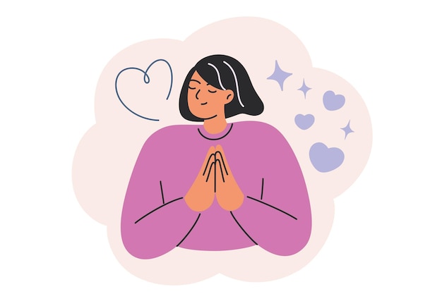 Vektorillustration einer dankbaren Frau mit geschlossenen Augen und gefalteten Händen, die Dankbarkeit symbolisieren