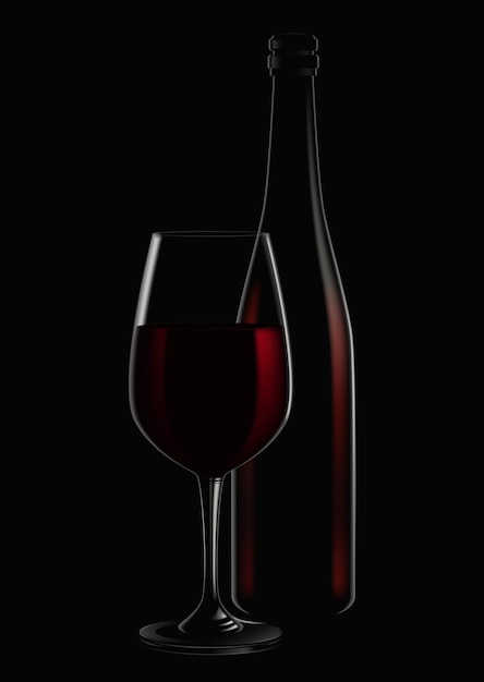 Vektorillustration einer Flasche und eines Glases Rotwein auf dunklem Hintergrund. Skizze für Kreativität