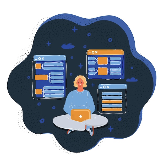 Vektorillustration einer Frau, die an ihrem Laptop sitzt und ein Produkt oder eine App entwickelt und erstellt