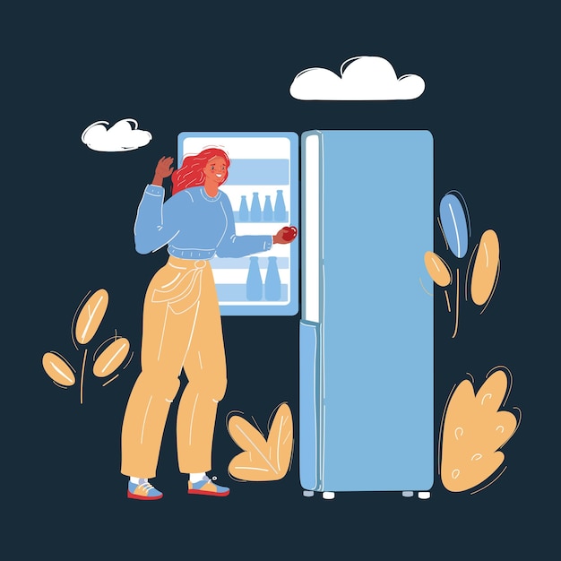 Vektor vektorillustration einer frau, die einen refrigerator im dunklen hintergrund reinigt