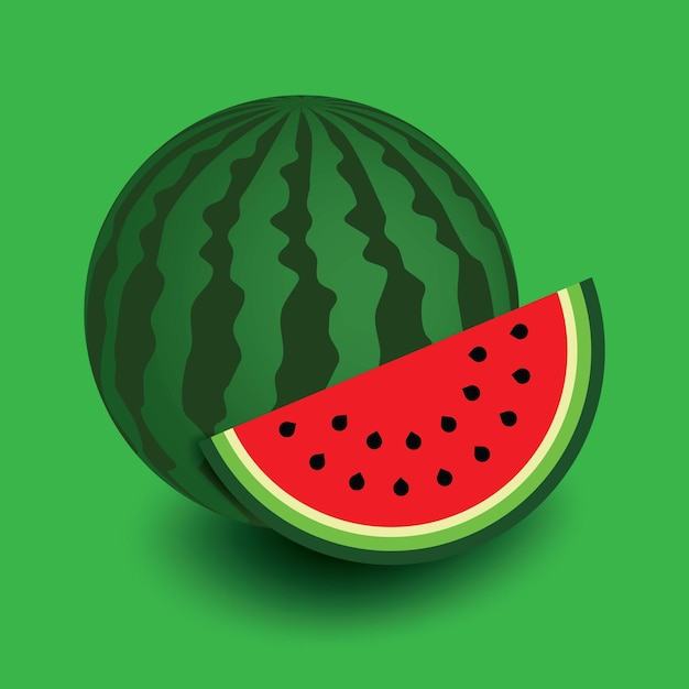 Vektorillustration einer ganzen Wassermelone mit einem geschnittenen Stück, das leuchtende Farben und Details zeigt