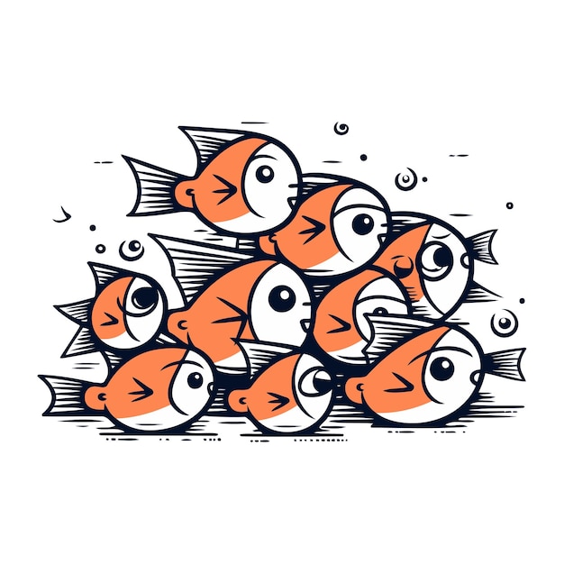 Vektor vektorillustration einer gruppe von fischen im handgezeichneten cartoon-stil