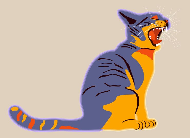 Vektorillustration einer hellen Katze mit geöffnetem Mund auf hellbeigem Hintergrund. Attraktives Flieder u