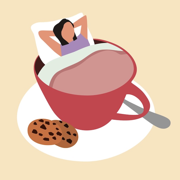 Vektorillustration einer jungen frau, die in einer großen tasse kaffee liegt