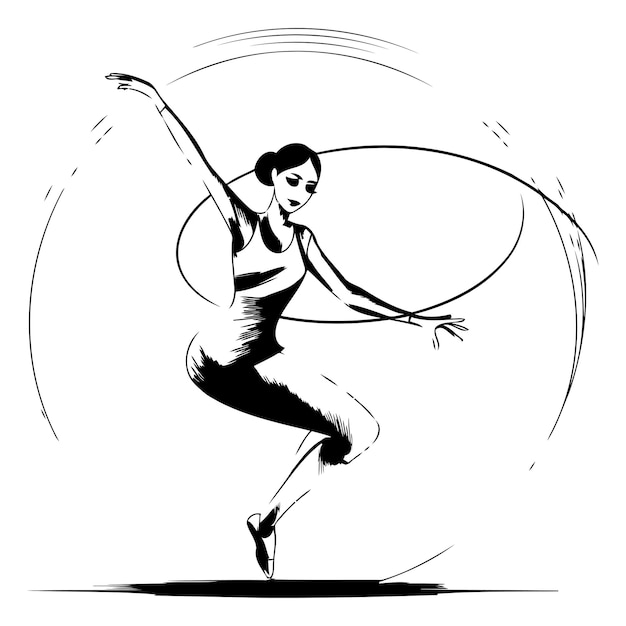 Vektorillustration einer jungen gymnastin mit reifen schwarz-weiß