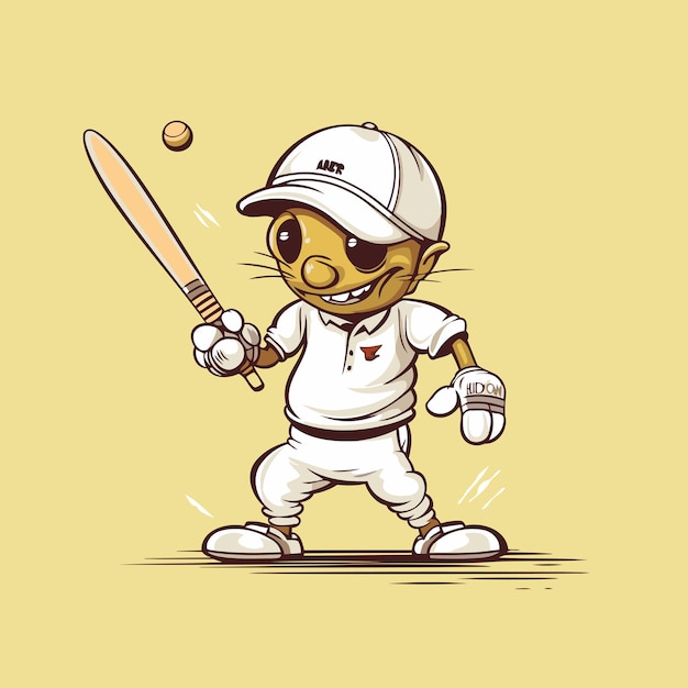 Vektor vektorillustration einer katze, die mit einem schläger baseball spielt, cartoon-stil