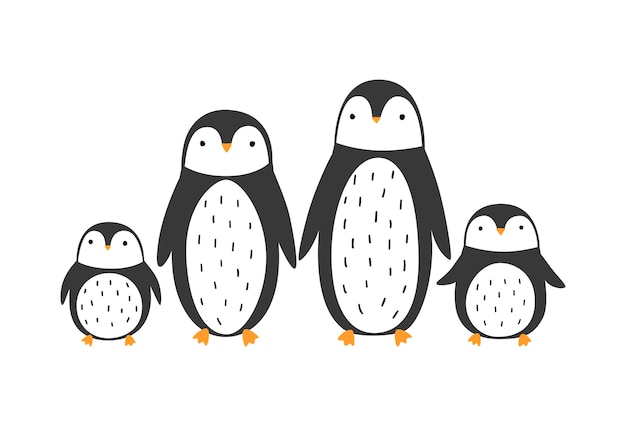 Vektor vektorillustration einer niedlichen pinguinfamilie, die auf weißem animals-clipart im flachen stil isoliert ist