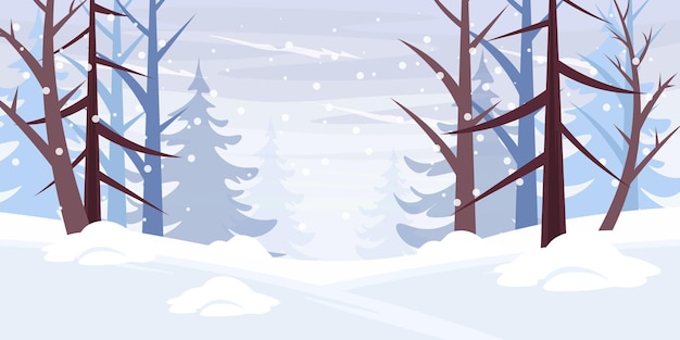 Vektorillustration einer niedlichen Winterlandschaft Cartoon-Szene von Schneefall-Ebenen, die mit Schnee bedeckt sind, Bäume mit Stämmen und nackten Zweigen, Tannen, Schnee-Wald-Hintergrund, fallende Schneeflocken