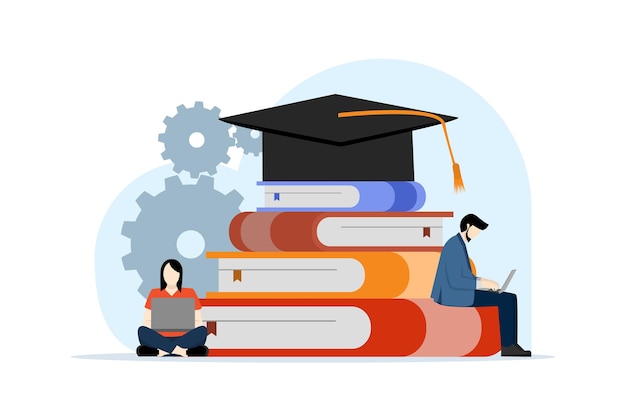 Vektorillustration einer Person, die an einem Computer arbeitet und auf einem Stapel Bücher sitzt