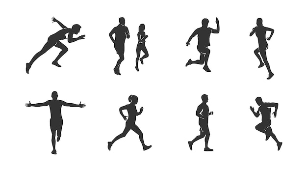 Vektor vektorillustration einer sammlung von silhouetten von laufenden menschen