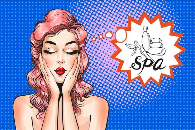 Vektorillustration einer schönen frau, die spa-behandlungen genießt oder von spa-behandlungen träumt spa-salon-konzept im retro-pop-art-comic-stil