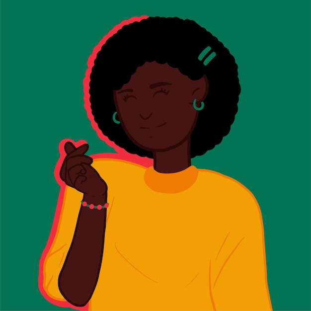 Vektorillustration einer schönen schwarzen Frau, deren Finger ein kleines Herz formen