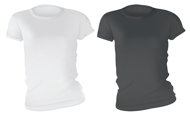 Vektor vektorillustration einer schwarz-weißen t-shirt-vorlage für frauen frontansicht realistisches gradientennetz