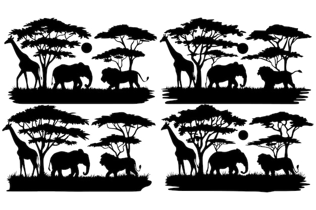 Vektorillustration einer Silhouette-Landschaftsszene einer afrikanischen Safari